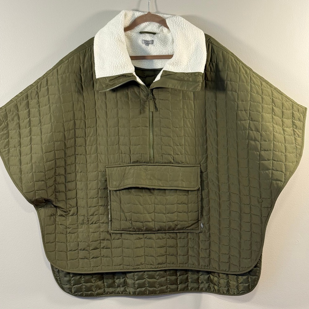 T by Talbots Women Olive Green Quilted Half Zip Sherpa Collar Poncho L/XL